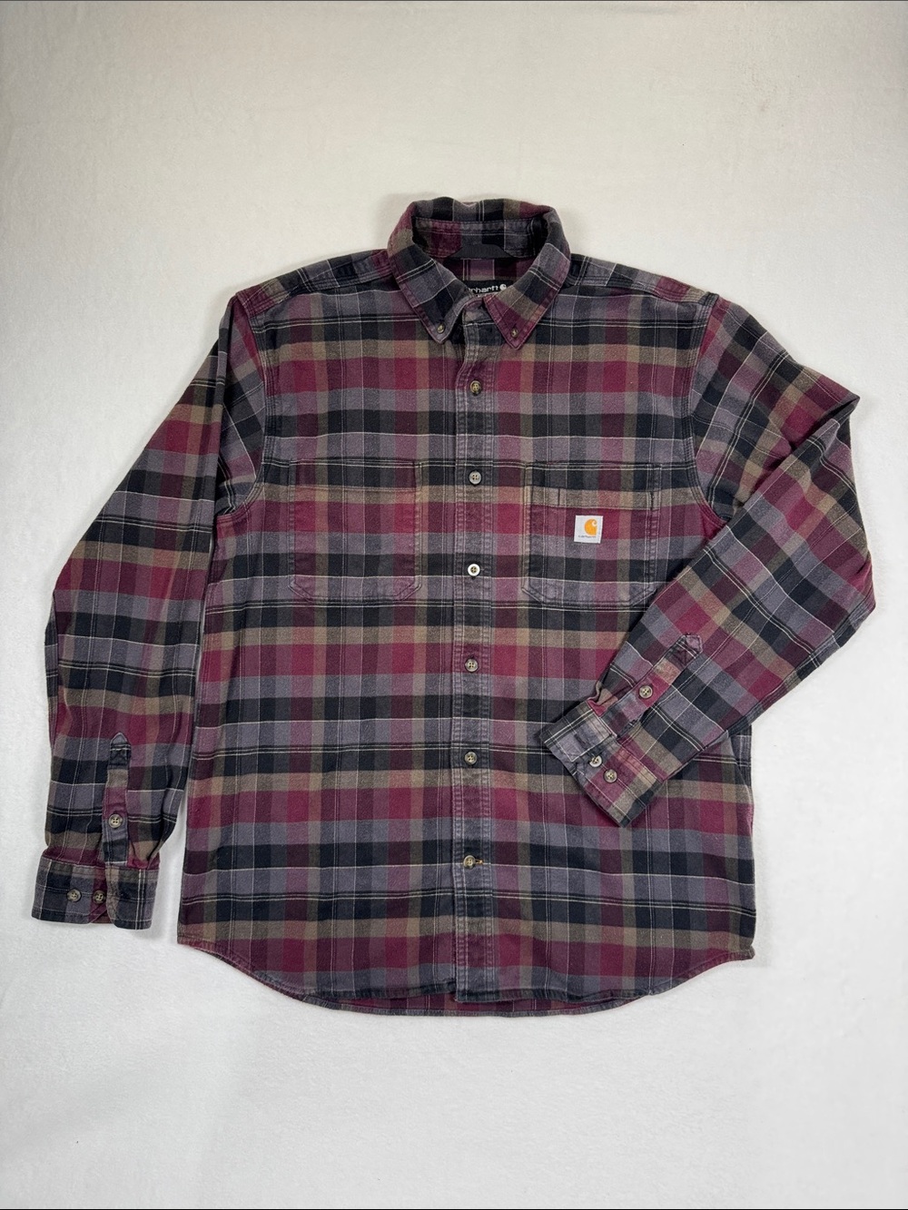 Carhartt Men's Burgundy, Gray and Black Plaid Button-Down Shirt